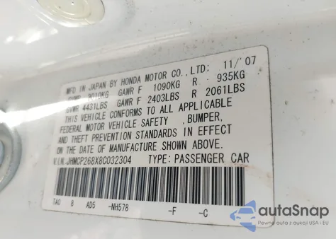 2008 Honda Accord 2.4 Ex-L from USA, damaged, VIN JHMCP268X8C032304